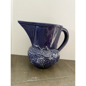 Bordallo Pinheiro Majolica 7" Pitcher Cobalt Blue Grapevine Made in Portugal
